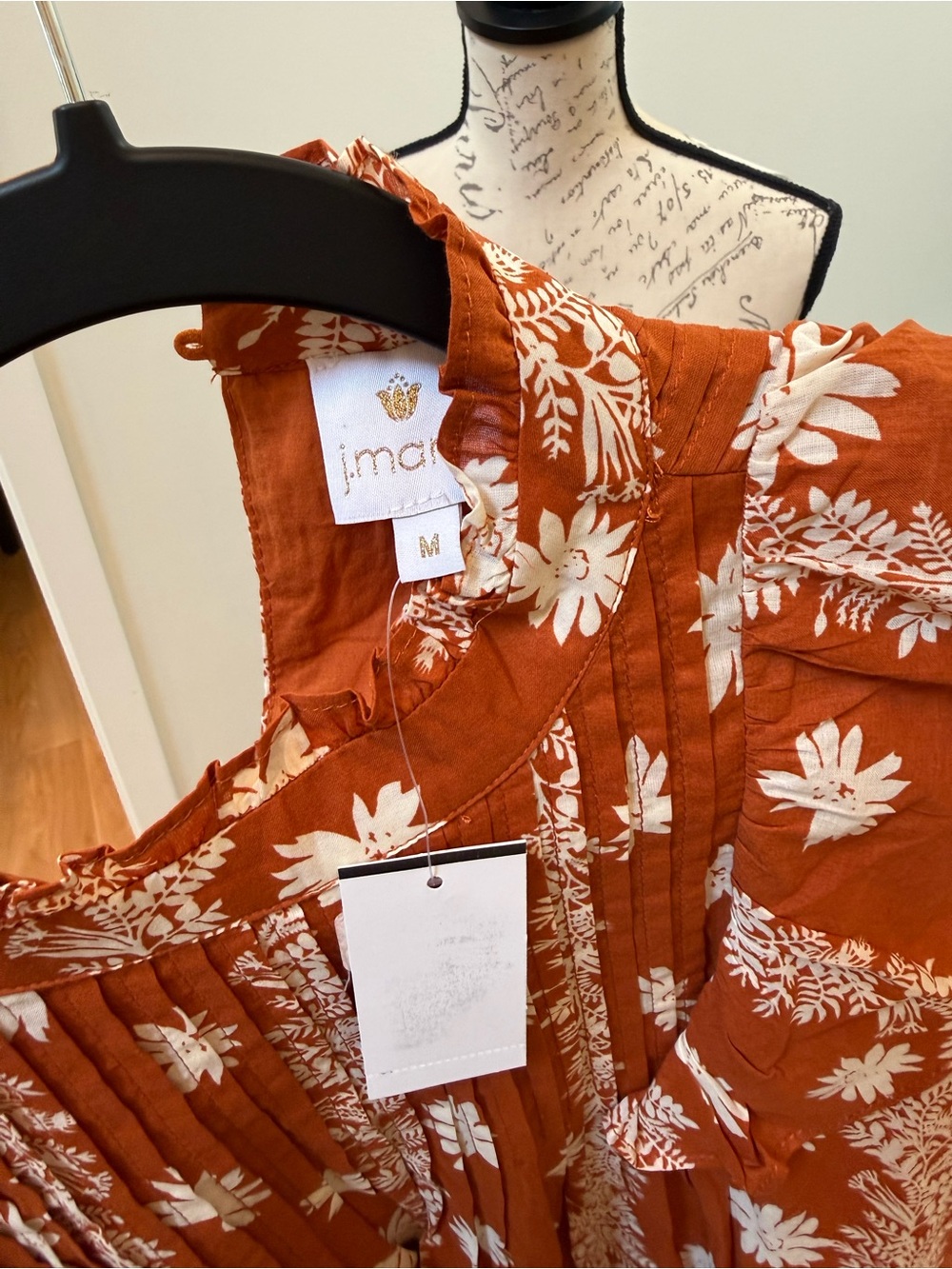 J. Marie NWT Rust Floral Ruffle Sleeve Blouse Medium 100% Cotton Top - Picture 7 of 8